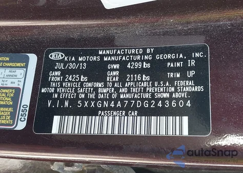 2013 Kia Optima Ex from USA, damaged, VIN 5XXGN4A77DG243604